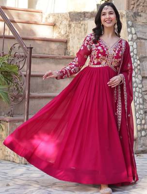 Noteworthy Pink Floral Work Georgette Engagement Wear Gown With Dupatta 3