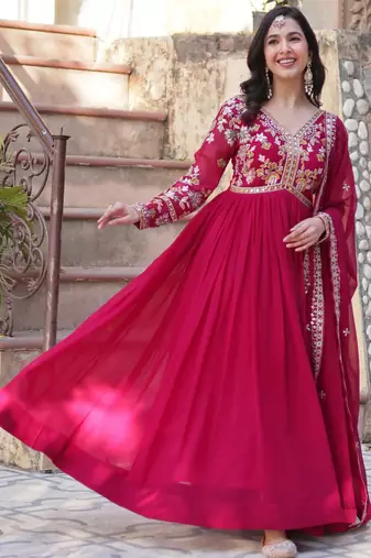 Noteworthy Pink Floral Work Georgette Engagement Wear Gown With Dupatta