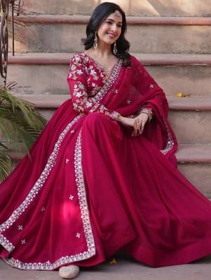 Noteworthy Pink Floral Work Georgette Engagement Wear Gown With Dupatta 4