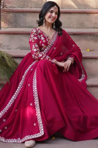 Noteworthy Pink Floral Work Georgette Engagement Wear Gown With Dupatta