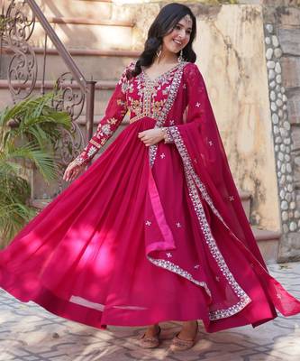 Noteworthy Pink Floral Work Georgette Engagement Wear Gown With Dupatta 5