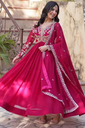 Noteworthy Pink Floral Work Georgette Engagement Wear Gown With Dupatta