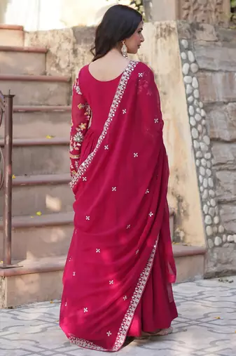 Noteworthy Pink Floral Work Georgette Engagement Wear Gown With Dupatta