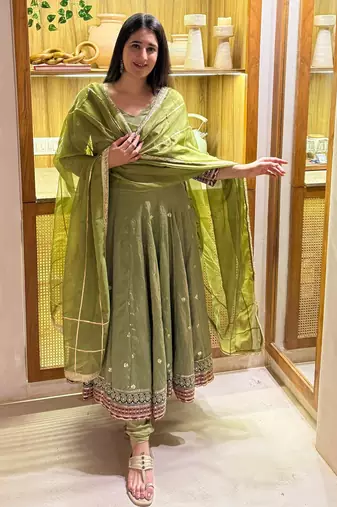 Green vichitra silk  party wear embroidery anarkali   suit set
