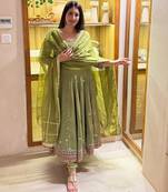 Green vichitra silk  party wear embroidery anarkali   suit set