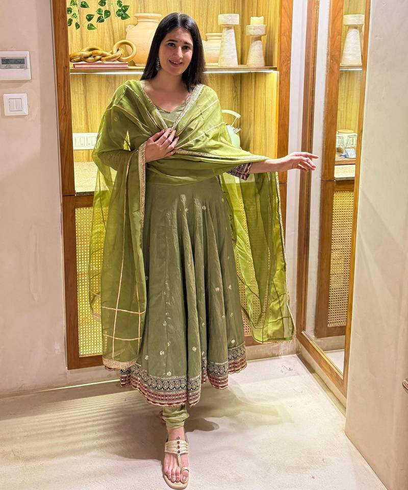 Green vichitra silk  party wear embroidery anarkali   suit set