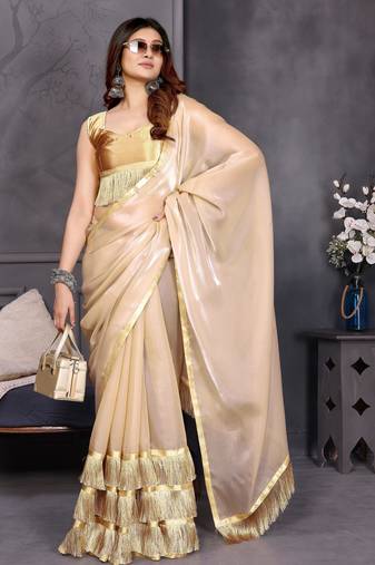 Resham sutra cream silk blend tassel saree with satin gold blouse piece