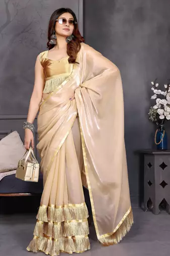 Resham sutra cream silk blend tassel saree with satin gold blouse piece