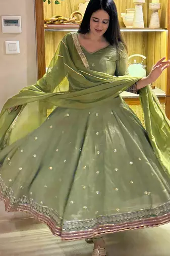Green vichitra silk  party wear embroidery anarkali   suit set