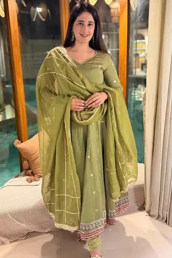 Green vichitra silk  party wear embroidery anarkali   suit set