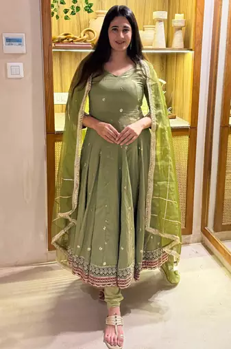 Green vichitra silk  party wear embroidery anarkali   suit set