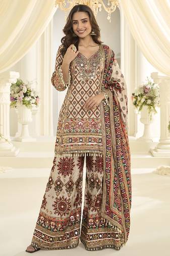 Cream hand aari work natural crepe silk  anarkali