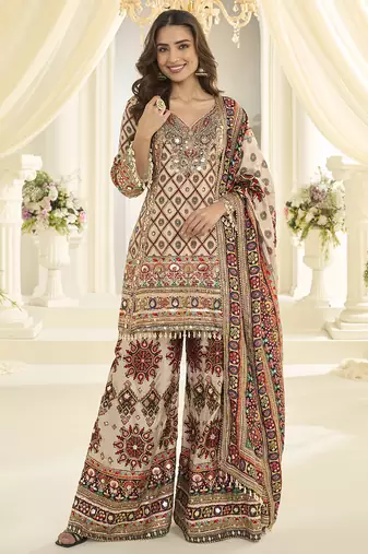 Cream hand aari work natural crepe silk  anarkali