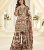 cream printed art silk anarkali wedding suit set