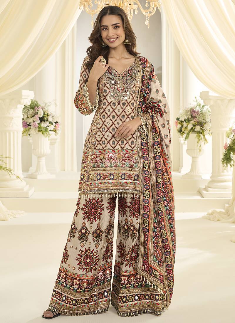 Cream hand aari work naturl crep silk  anarkali