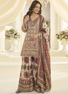 cream printed art silk anarkali wedding suit set 2