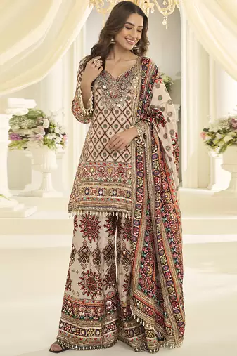 cream printed art silk anarkali wedding suit set
