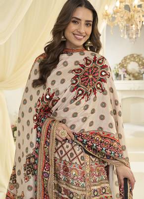 cream printed art silk anarkali wedding suit set 3