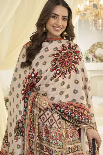 cream printed art silk anarkali wedding suit set