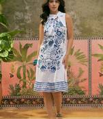 white indigo print blended cotton shift knee dress
