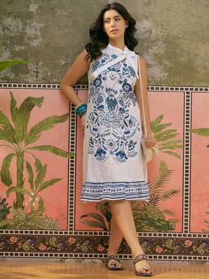 white indigo print blended cotton shift knee dress 5