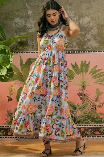 Daylist   women's printed cotton slub sky blue sleeveless dress