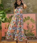 blue floral print blended cotton a line maxi dress