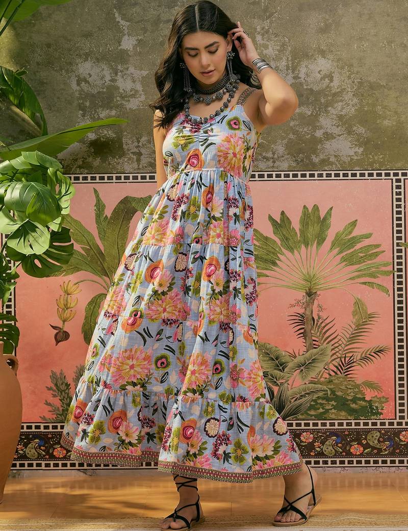 Daylist   women's printed cotton slub sky blue sleeveless dress