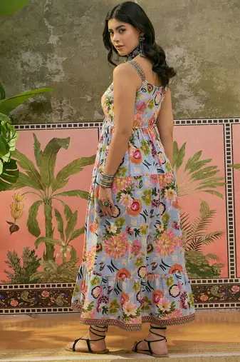 blue floral print blended cotton a line maxi dress
