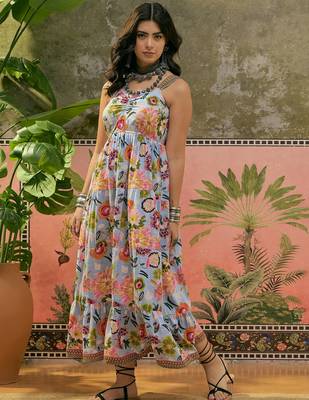 blue floral print blended cotton a line maxi dress 3