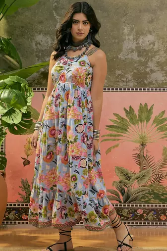 blue floral print blended cotton a line maxi dress