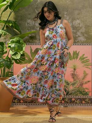 blue floral print blended cotton a line maxi dress 4