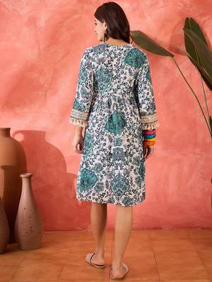 blue floral printed blended cotton knee dress 3