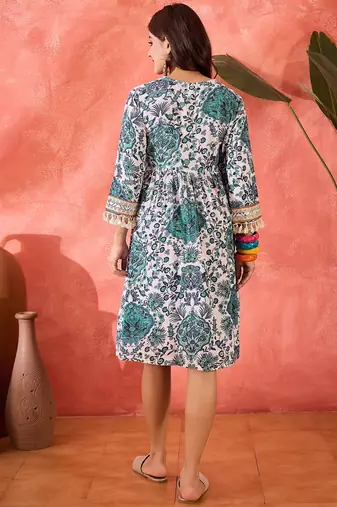 blue floral printed blended cotton knee dress