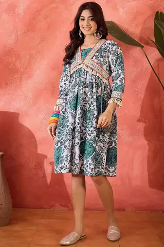 blue floral printed blended cotton knee dress