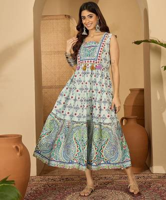 green bohemian print blended cotton sleeveless dress 1