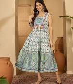 green bohemian print blended cotton sleeveless dress