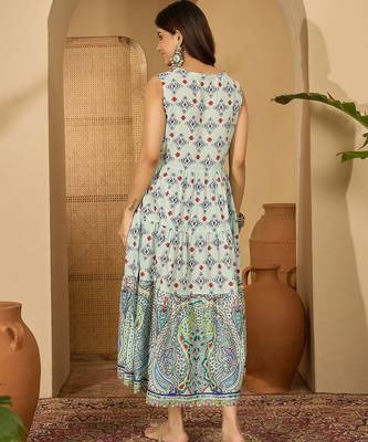 green bohemian print blended cotton sleeveless dress 3