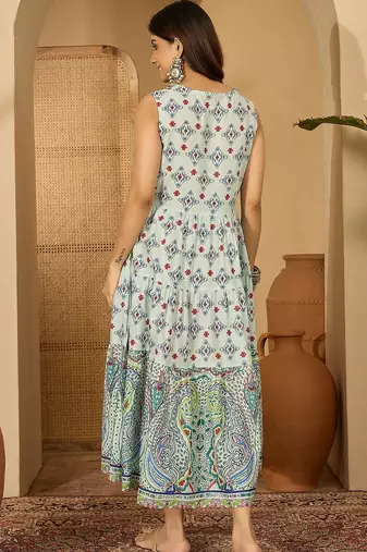 green bohemian print blended cotton sleeveless dress