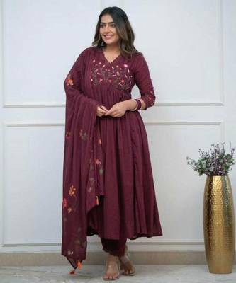 wine embroidered rayon anarkali kurti set 1