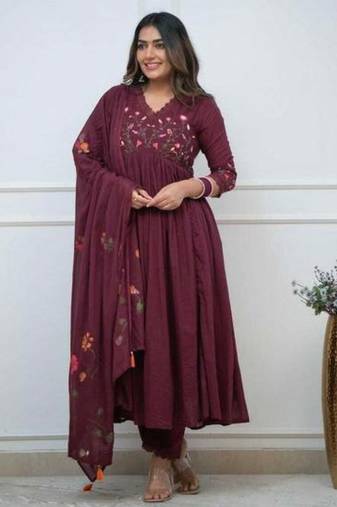 wine embroidered rayon anarkali kurti set