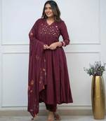 Women's Rayon Embroidered Designer Anarkali Kurti With Pant & Dupatta Set