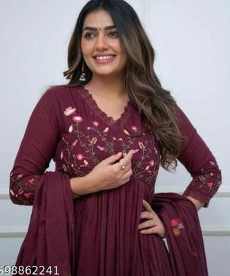 wine embroidered rayon anarkali kurti set 2