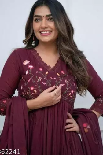 wine embroidered rayon anarkali kurti set