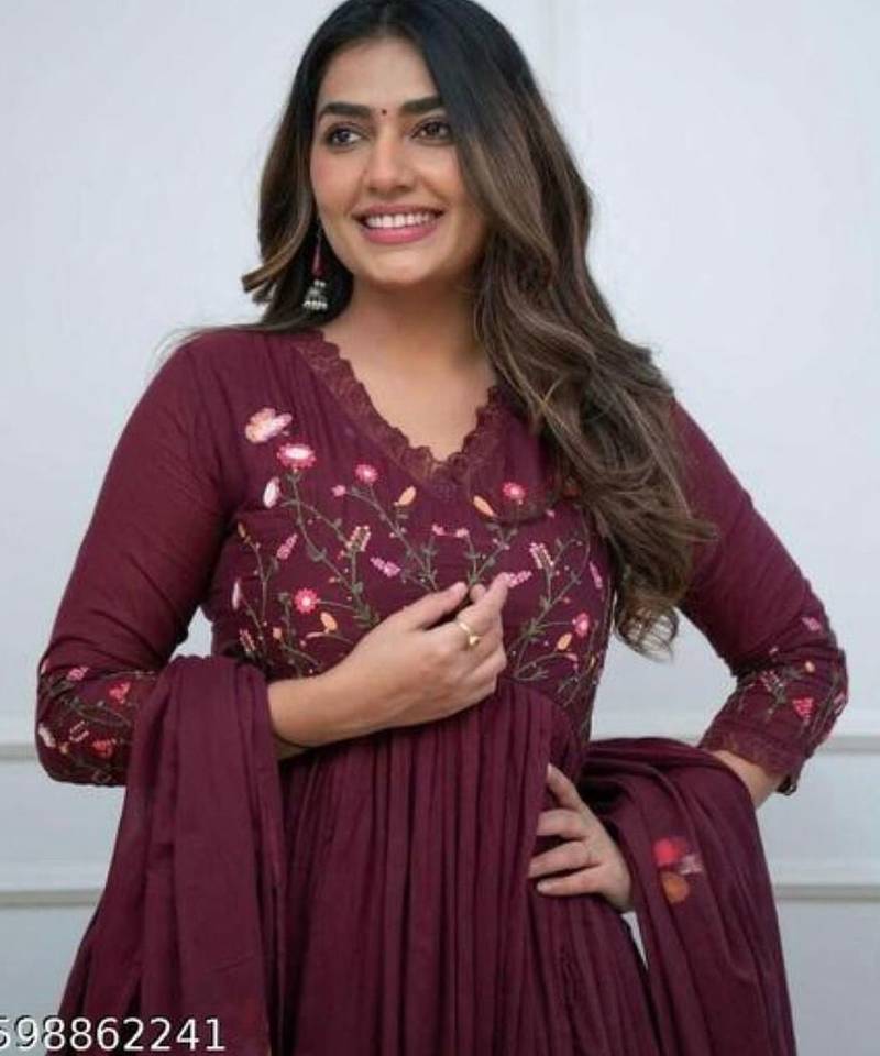 Women's Rayon Embroidered Designer Anarkali Kurti With Pant & Dupatta Set