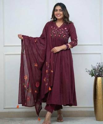 wine embroidered rayon anarkali kurti set 3