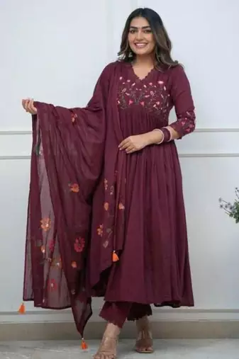 wine embroidered rayon anarkali kurti set