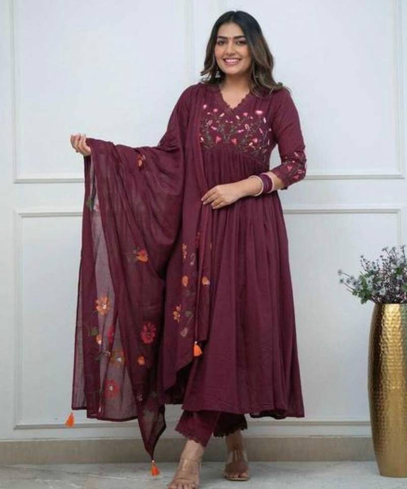 Women's Rayon Embroidered Designer Anarkali Kurti With Pant & Dupatta Set