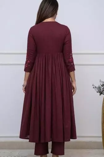 wine embroidered rayon anarkali kurti set