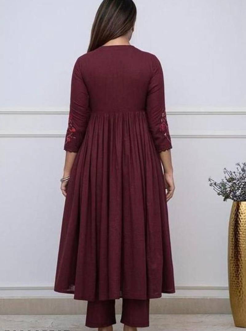 Women's Rayon Embroidered Designer Anarkali Kurti With Pant & Dupatta Set